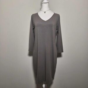 Eileen Fisher Shabby Chic Minimalist Casual Smooth Gray V-Neck Midi Dress M